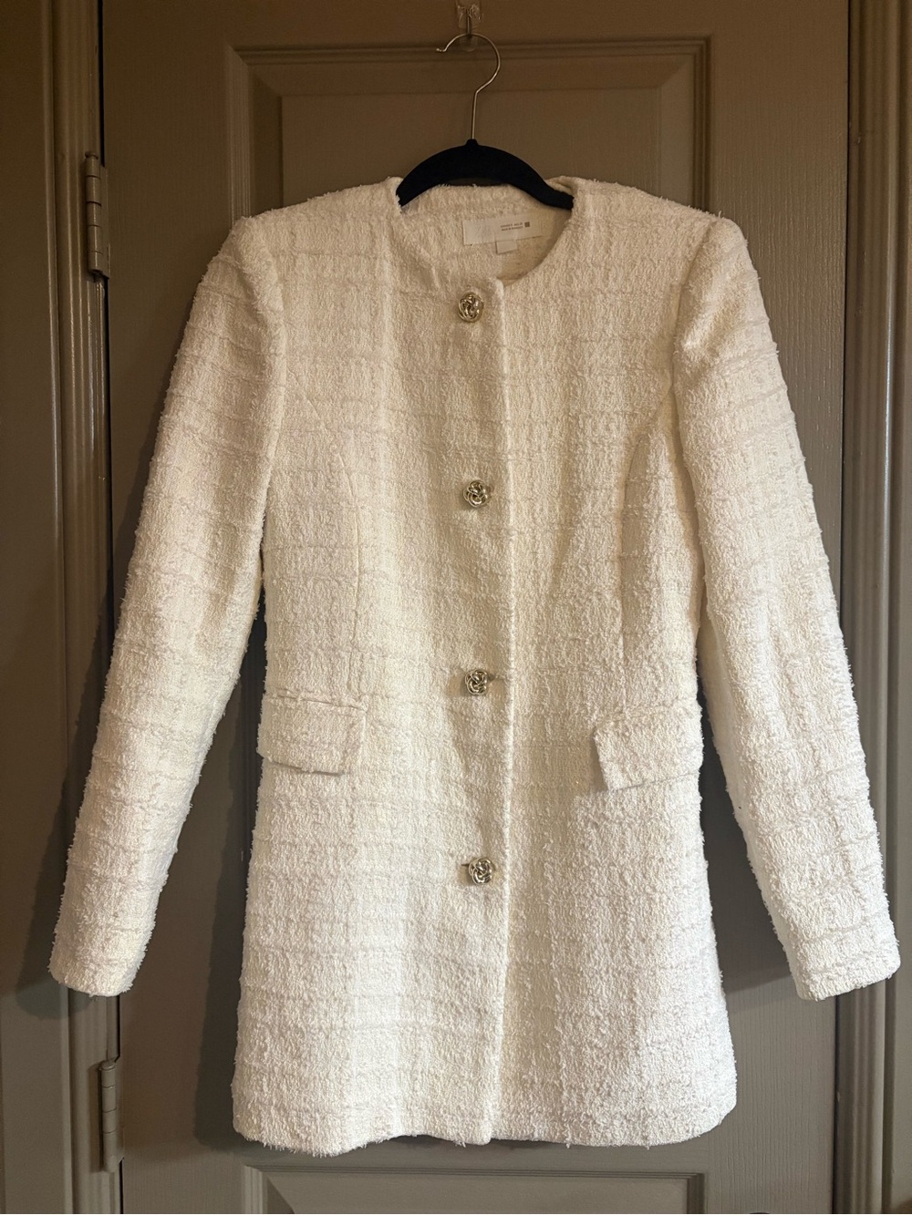 Zara Cream Bouclé Longline Blazer with Decorative Buttons